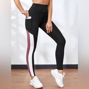 NWOT Mauve Pink & White Striped Black Leggings w/ Pockets, Size L
